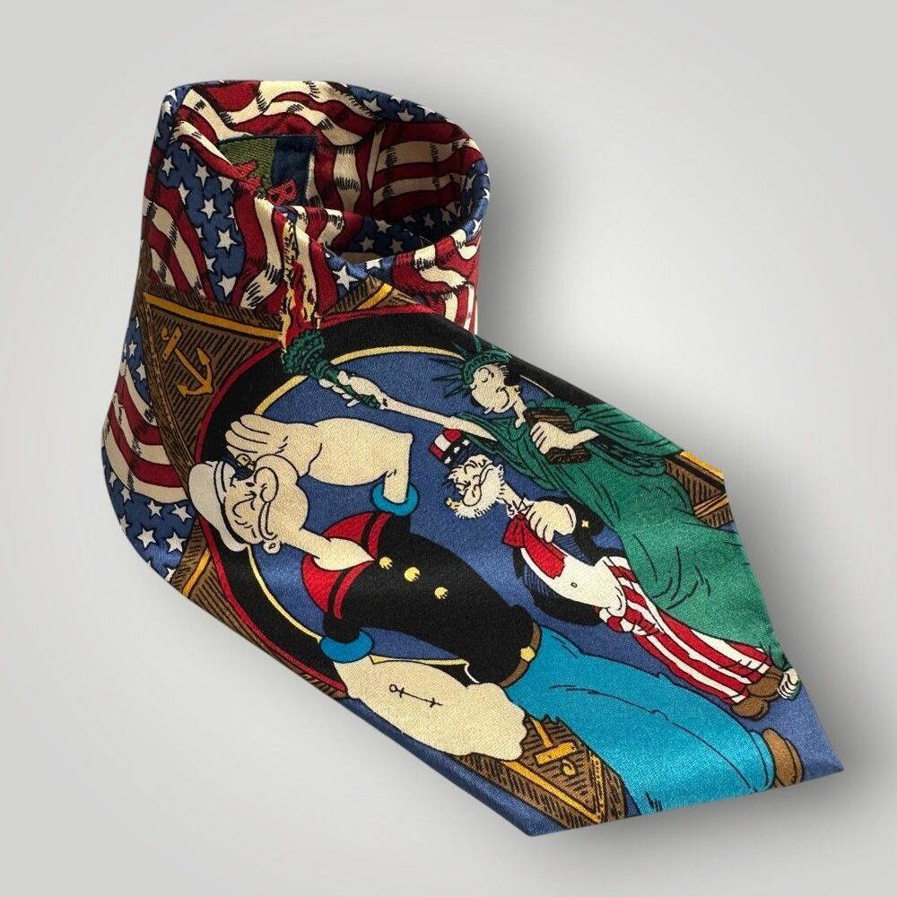 Vintage Silk tie Popeye Cartoon Patriotic 4th of July Men's Red Blue White Tie
